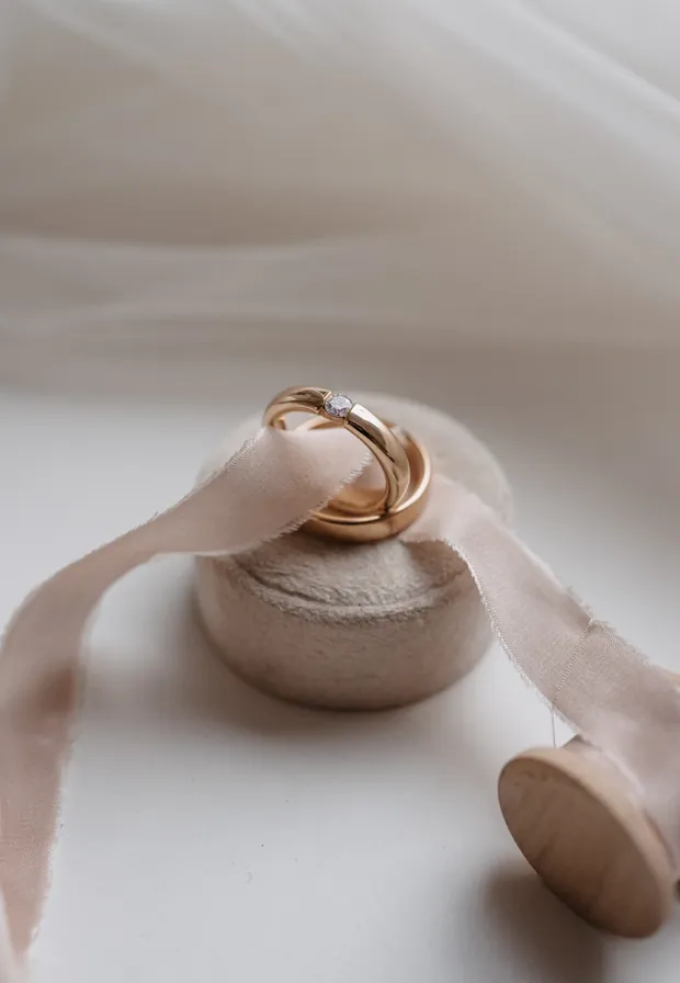 Zwei goldene Trauringe auf einem hellen Holzsockel — Trauringe in Gießen bei Juwelier Otto Parr